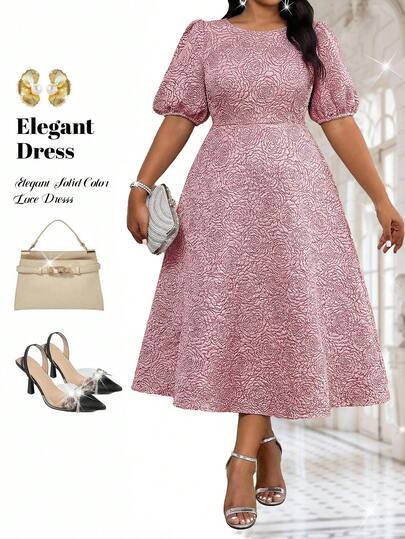 Fleurora Spring And Summer Elegant Commuting Office Work Modest Wedding  Cocktail Party Pink Woven Jacquard Scoop Neck Flared Puff Sleeve Midi Short Sleeve Plus Size Dresses Pink Dress Pink Dress For Women Formal Dress Formal Dresses For Women Elegant Dresses For Women Elegant Dresses Birthday Dress Birthday Dresses For Women Birthday Outfits For Women Going Out Outfits Graduation Outfit For Mother Wedding Guest Dress For Women Weddings & Events Wedding Guest Party Dress Party Dress Festival Dresses Festival Outfits For Women Summer Dresses Summer Dresses For Women Plus Size Pink Textured Round Neck Short Sleeve Dress