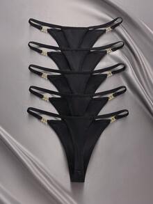 EmpressEnvy Paquete de 5 tangas de mujer de unicolor, con tirantes delgados y tiro bajo - Negro - Ver 2