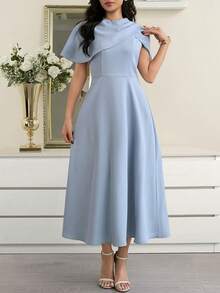 Modelyn Women's Elegant Solid Color Waist Cinched Mid-Length Dress, Summer - Blue - View 5