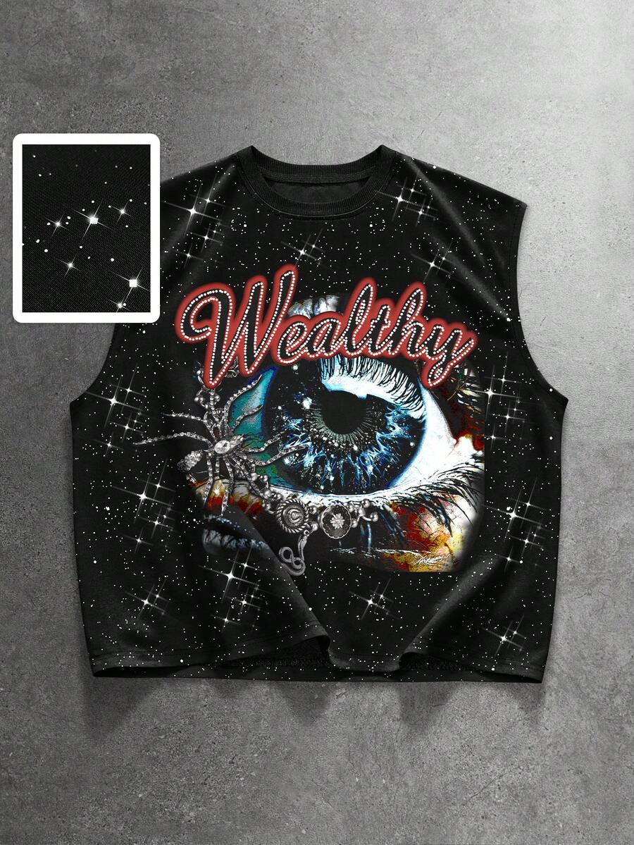 ROMWE MEN Men's Summer Fashion Street Style Eye & Letter Graphic Round Neck Tank Top - Black - View 1