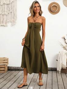 Breezaya Đầm nghỉ mát gợi cảm kiểu vải lanh dành cho nữ, trang trí khóa cài hình nhẫn, thích hợp mặc đi biển, màu xanh dương, đính hạt cườm. - xanh quân đội - Xem 6
