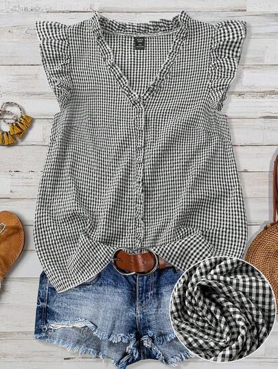 Linhara Plus Size Women Classic Plaid Textured V-Neck Ruffle Trim Puff Sleeve Fitted Casual Regular Blouse