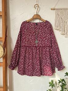 EMERY ROSE Plus Ditsy Floral Print Flounce Sleeve Peplum Blouse,Flower/Spring/Summer/Vacation - Red and White - View 6