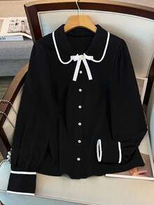 GlowEve CURVE Plus Size Women's Bow Decor Long Sleeve Elegant Office Shirt Peter Pan Collar Blouse Preppy Tops Black And White Blouse Bow Shirt Cute Blouses - Black - View 3