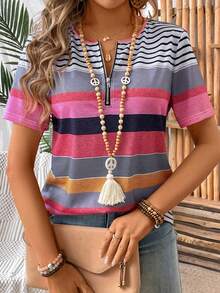 EMERY ROSE Women's Short Sleeve Round Neck Striped Printed T-Shirt Graphic Tees Women Tops - Multicolor - View 6