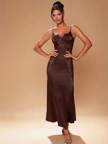 Hauture 秋季性感优雅黑色缎面蕾丝紧身长裙，配以薄纱拼接。适合约会之夜 - 棕色 - 查看 5