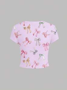 1件少女修身蝴蝶印花短袖上衣，可爱彩色蝴蝶结设计，适合外出、情人节礼物、春夏穿着 - 白色 - 查看 2