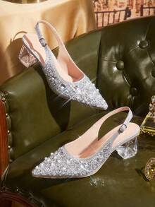 CUCCOO TILAWA Women's Crystal Heel Glass Rhinestone Pointed Toe Silver High Heel Pumps, Suitable For Outings, Banquets, Parties And Other Events - Silver - View 1