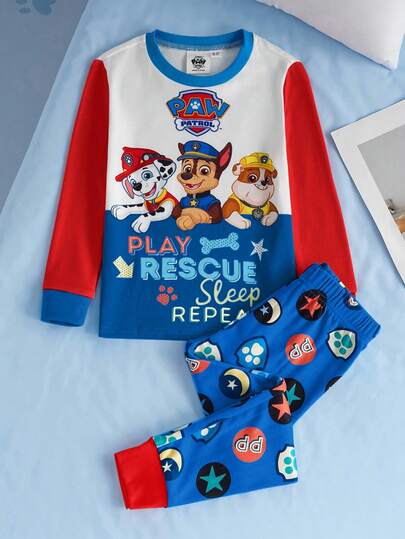 SHEIN | PAW Patrol 男童卡通小狗印花撞色拼接弹力紧身睡衣套装，秋冬款