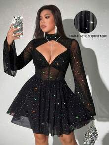 Viva Relle Plus Size Women's Sequin Glitter Shiny Mesh High Stretch Party Dress A-Line Outgoing Party Dress, Suitable For Valentine's Day - Black - View 1