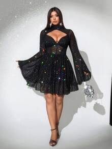Viva Relle Plus Size Women's Sequin Glitter Shiny Mesh High Stretch Party Dress A-Line Outgoing Party Dress, Suitable For Valentine's Day - Black - View 4