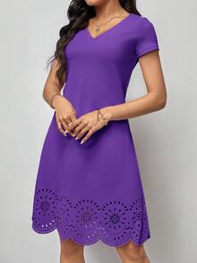 SHEIN Clasi 女士纯色简约V领短袖休闲连衣裙 - 紫色 - 查看 4
