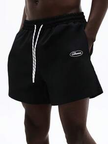 SUMWON 沙滩短裤，弹性腰带和抽绳设计，适合夏季海滩游泳、度假漫步、泳池冲浪等休闲场合，宽松舒适，轻便速干，纯色男士泳装 - 黑色 - 查看 5