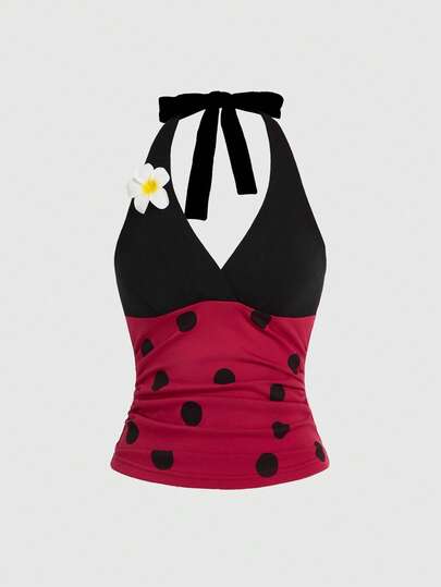 ROMWE Kawaii Women's Cute Ladybug & Daisy Decor Halter Neck Tank Top, Suitable For Cosplay