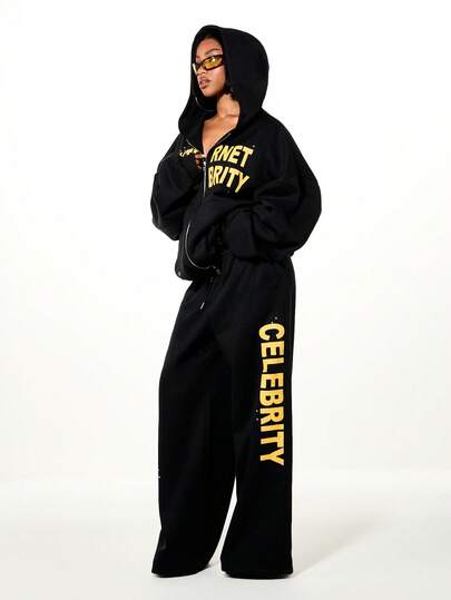 SUMWON WOMEN Women Black Oversized Hoodie Zip Up Sweatsuit Set With Gold Celebrity Print Text Wide Leg Casual Joggers Two Piece Outfit