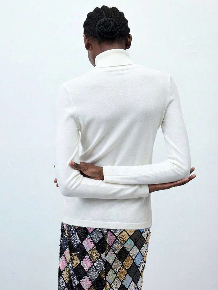 SHEIN Maija Women's White Autumn Basic Business Casual Office Sweater,Modern City Classic Stand Collar Extra Long Sleeve Top,Early Autumn Beach Holiday Top