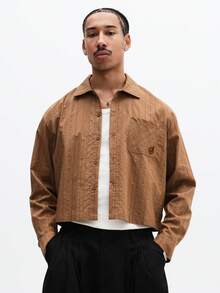 SUMWON Cropped Textured Stripe Button Down Long Sleeve Shirt With Pointed Collar And Chest Pocket - Brown - View 1