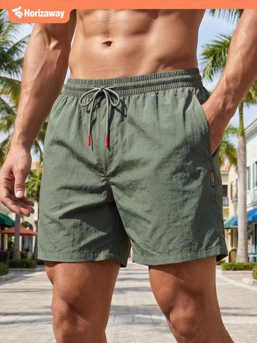 Horizaway Men's Summer Vacation Drawstring Waist Pocket Casual Beach Shorts Christmas Men Beachwear Mens Casual Dark Green Shorts - Army Green - View 1
