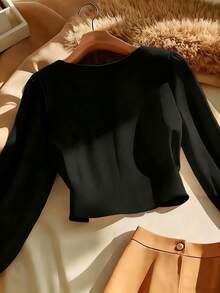 Chiquease 女士优雅黑色圆领长袖衬衫，适合夏季通勤；黑色上衣；夏季；暑假；夏季上衣；女士春季；春季；春假；情人节；女士情人节；女士优雅上衣；女士优雅衬衫；女士度假；暑假；假期；女士休闲上衣；女士休闲装。 - 黑色 - 查看 2