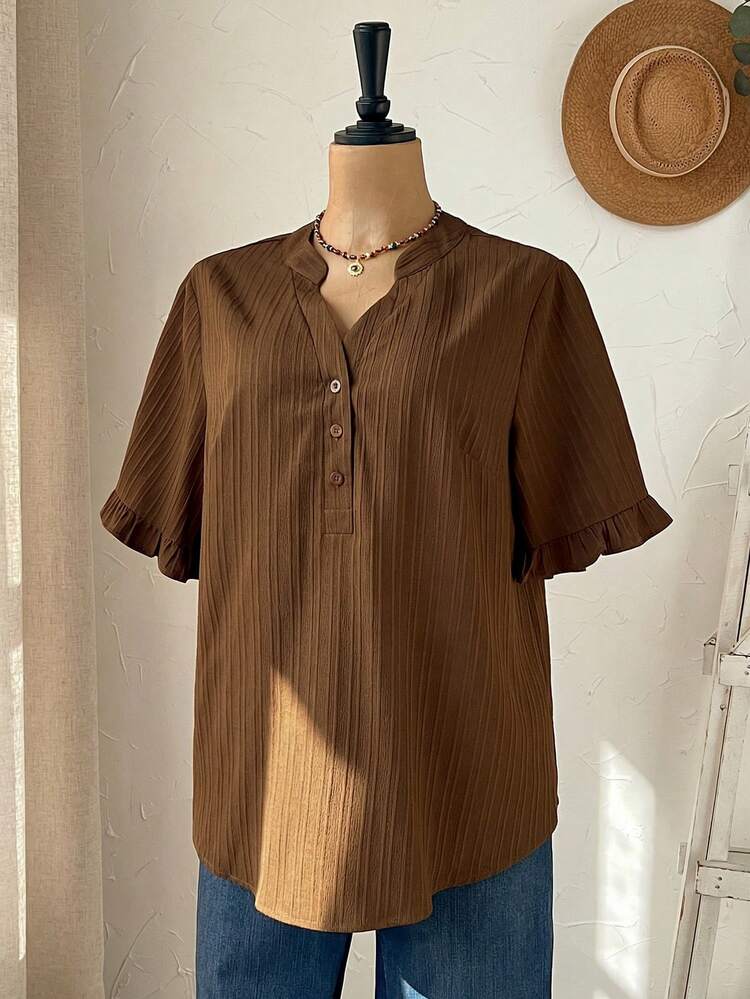 Plus Size Women's Solid Color V-Neck Short Sleeve Casual Shirt,Vacation/Summer/Spring