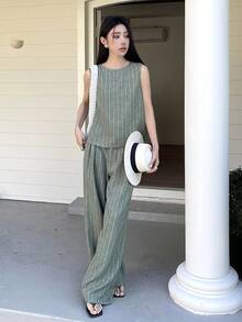 DAZY Women's Striped Crew Neck Sleeveless Top And Wide Leg Pants Set, Suitable For Study And Daily Wear - Green - View 3