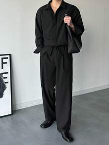 DAZY 男士春季黑色单排扣长袖衬衫长裤套装，商务休闲风