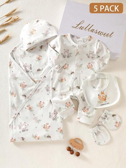 SHEIN Newborn Baby Clothes Gift Set, Spring/Summer New Style Layette Outfit, Infant Romper Suit For Newborn, Newborn Baby Shower Gift Neutral Baby Gift Sets For Newborn Newborn Baby Boy Clothes Newborn Clothes Set Newborn Baby Layette Set Floral Print Theme