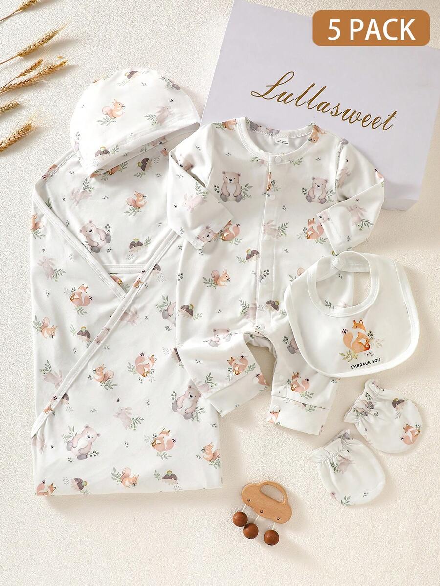 SHEIN White Autumn Cute Holiday Newborn Baby Clothes Gift Set 5 Pack Infant Romper Suit Floral Print Forest Animals Layette Outfit Swaddle Blanket & Robe - Apricot - View 1