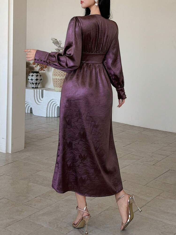 Women's Elegant Solid Color Textured V-Neck Puff Sleeve Ruched Midi Dress, Spring/Summer Wedding Guest Dress Sundress