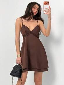 Aloruh Women's Romantic V-Neck Spaghetti Strap Double Ruffle Hem Mini Dress - Brown - View 7