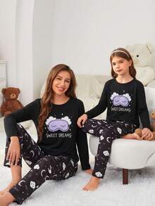 Genkimix Kids 女童简约玫红色睫毛印花长袖上衣和裤子两件套睡衣套装