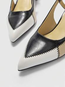 CUCCOO BIZCHIC Women Shoes Fashion Pointed Multi-Color Splicing Color Block Chunky Heel High Heel Back Strap Buckle Women's High Heel Shoes Daily Versatile Commuter Work Shoes Valentine's Day Spring Shoes - Black and White - View 8