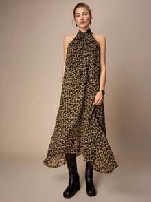 Maija Women's Leopard Print Halter Asymmetrical Hem Dress, Fashionable For Dates And Parties - Multicolor - View 1