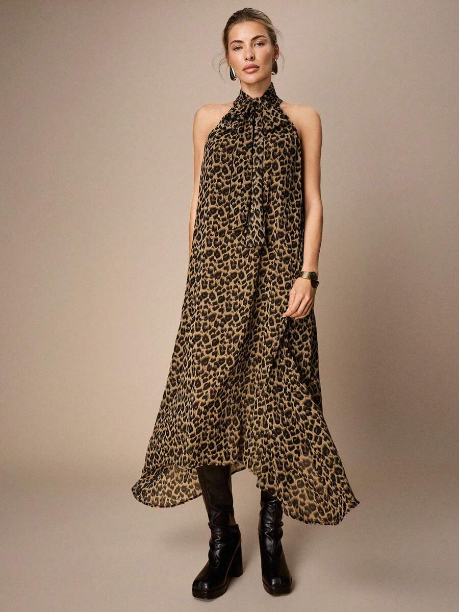 Maija Women's Leopard Print Halter Asymmetrical Hem Dress, Fashionable For Dates And Parties - Multicolor - View 1