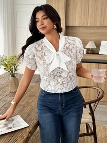 Weeklong 大码女式春夏系带纹理花瓣袖休闲衬衫 - 白色 - 查看 4