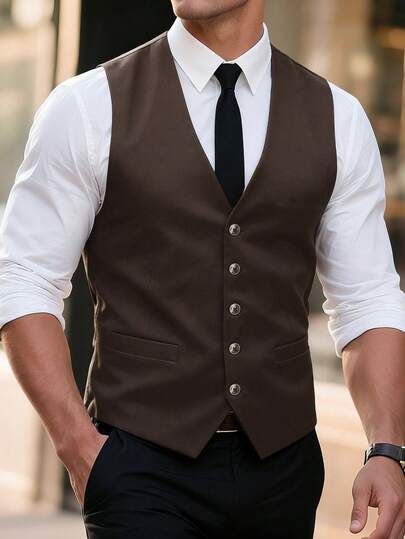 Manfinity Bizformal 男士纯色V领口袋前扣商务西装背心