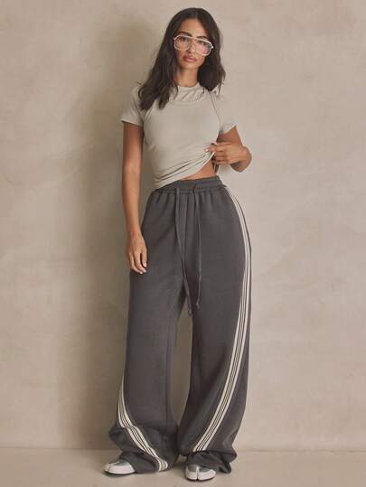 MUSERA Stripe Detail Wide Leg Elasticated Waist Joggers Summer, Sporty, Casual, Day, Streetstyle, Streetwear