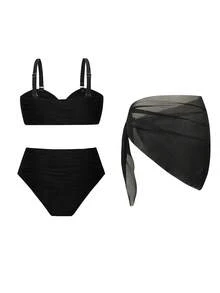 Swim Oasis Plus Size Women's 3-Piece Set, 2026 New Solid Color Black Fashion Vacation Daily Casual Sexy Detachable Strap High Waist Triangle Panty Sheer Mesh Skirt Metal Flower Decor Bikini High-End Swimsuit Set - Black - View 2