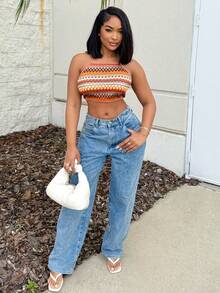 Geo Print Tie Backless Crop Halter Top Spring Break Crop Women Tops - Multicolor - View 1