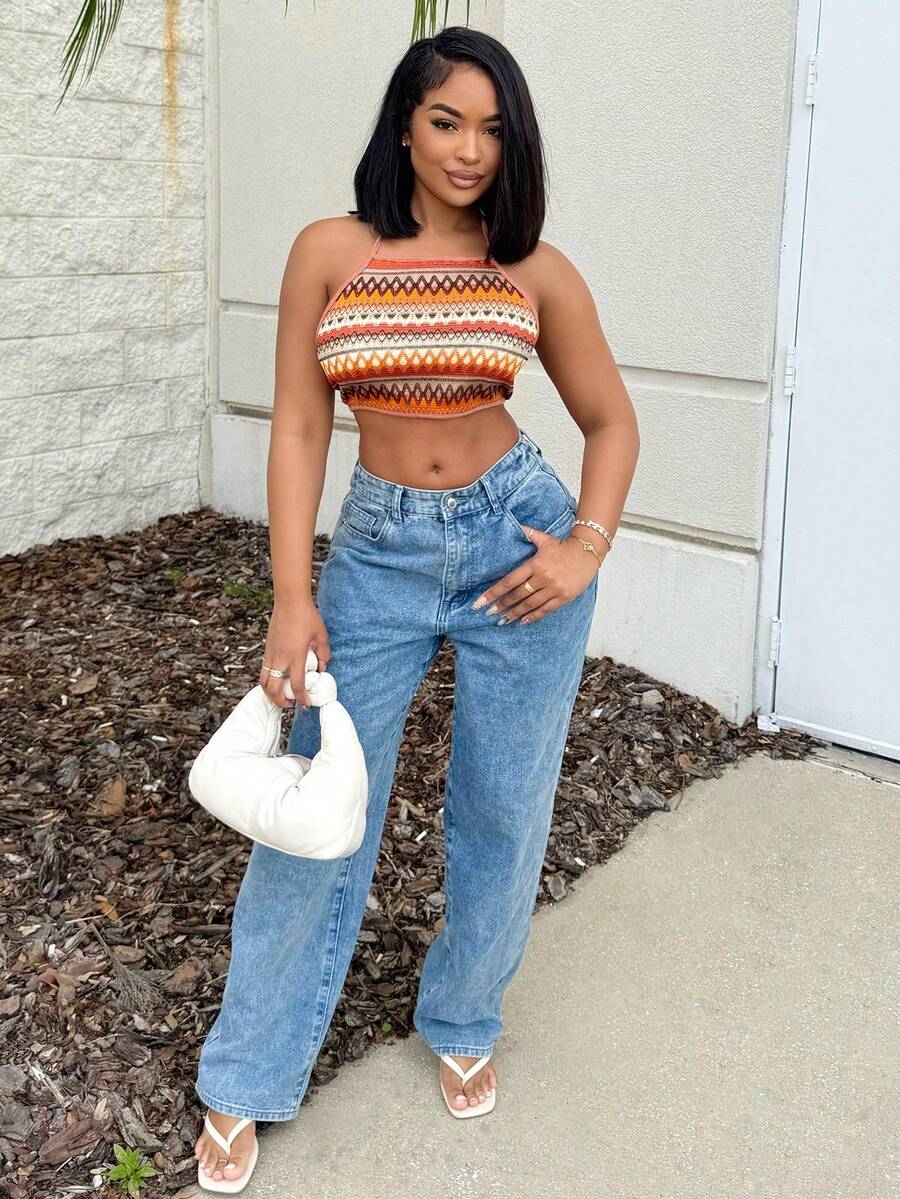 Geo Print Tie Backless Crop Halter Top Spring Break Crop Women Tops - Multicolor - View 1