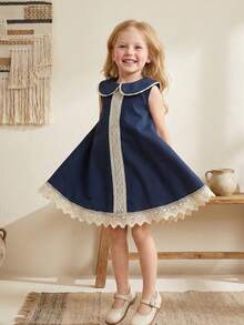 Souflis Souflis Toddler Girls' Sleeveless Ruffle Collar A-Line Hem Cute Navy Blue Dress, Summer
