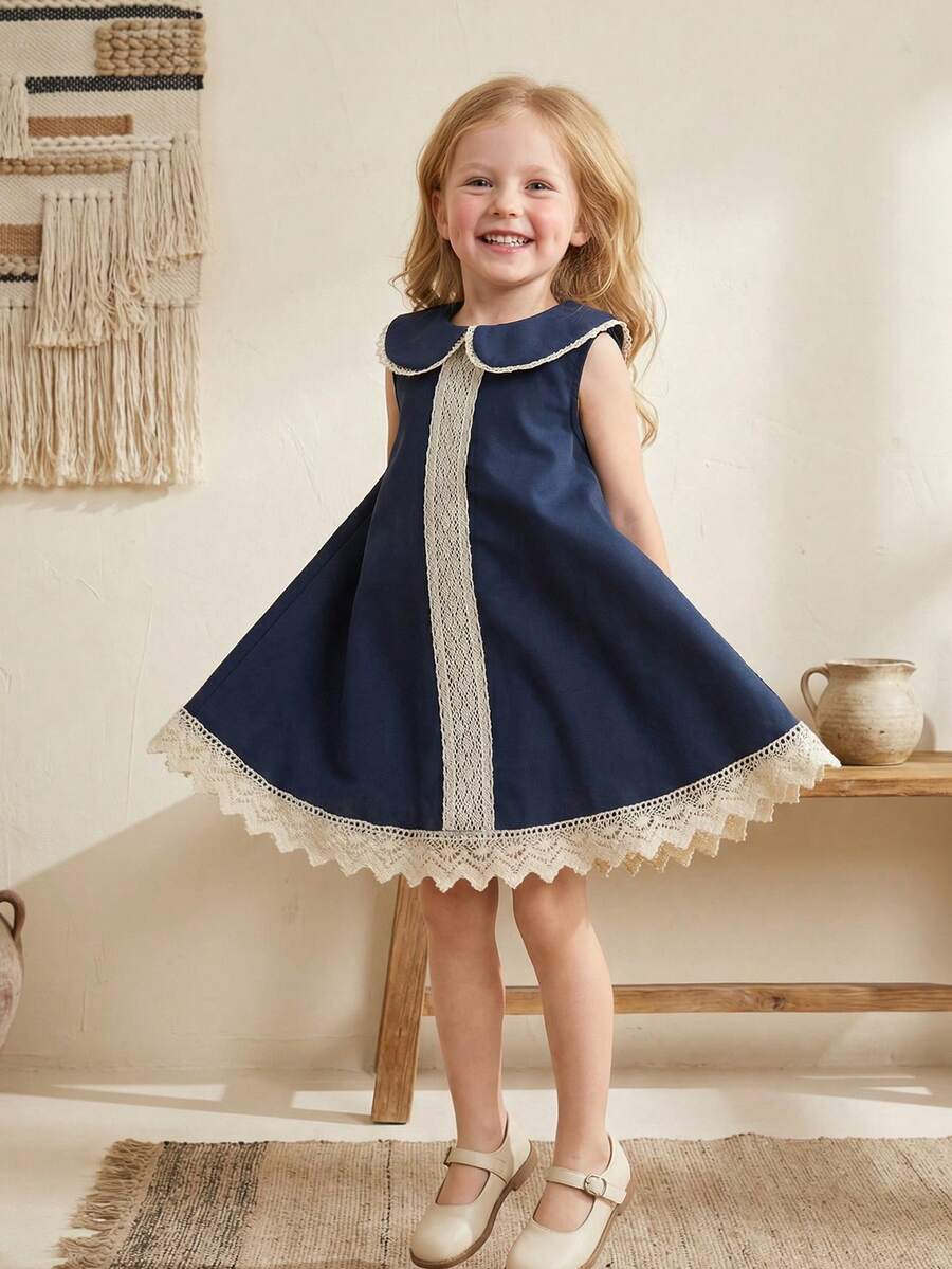 Souflis Souflis Toddler Girls' Sleeveless Ruffle Collar A-Line Hem Cute Navy Blue Dress, Summer