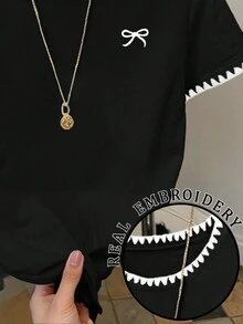 SHEIN 女士休闲蝴蝶结印花荷叶边圆领短袖T恤 - 黑色 - 查看 3