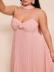 SHEIN BAE 大码女士粉色褶皱抹胸连衣裙，配颈巾，度假装 - 藕粉色 - 查看 7