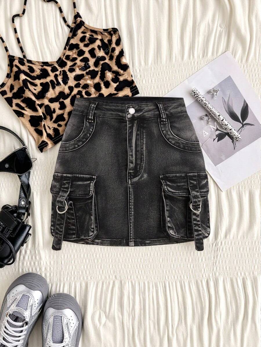 Attitoon Y2K Grunge Concert Cowboy Denim Cargo Skirt - Black - View 1