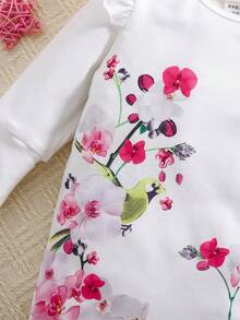 SHEIN Bộ đồ liền thân mềm mại cho bé gái sơ sinh cổ tròn tay dài xếp nếp họa tiết chim hoa, mùa thu/đông - trắng - Xem 4