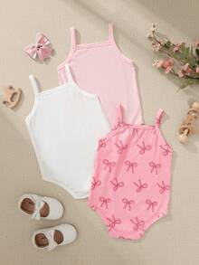 Souflis Souflis 3pcs/Set Newborn Baby Girl Casual Everyday Cute Bow Pattern Soft Knit Fabric Bodysuit Set, Spring/Summer - Multicolor - View 2