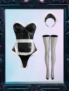 Fantasy Costume Charming Blooming Sexy PU Jumpsuit - Black and White - View 3