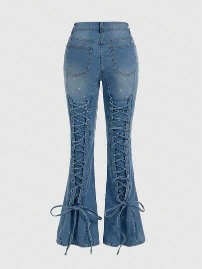 ROMWE Grunge Punk Adjustable Waist Vintage Punk Flare Jeans For Women, Distressed Wash