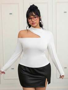 CovetEZ 大码镂空露肩优雅长袖T恤，秋冬款 - 白色 - 查看 4